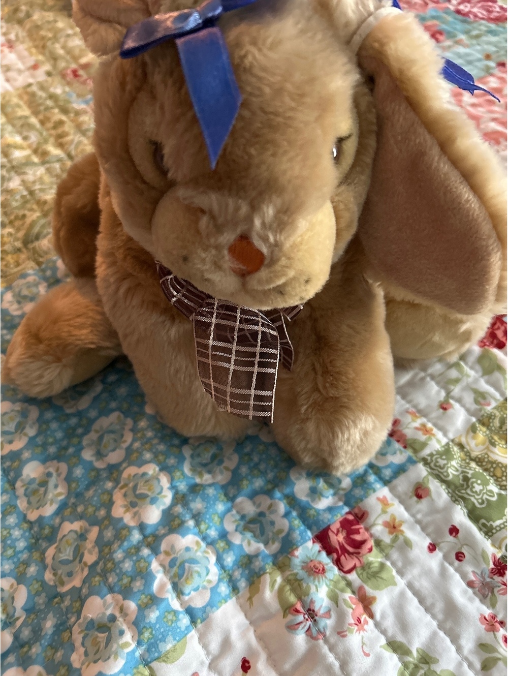 Carlton Cards Plush Brown Bunny Rabbit with Blue Bow and Brown Checkered Scarf